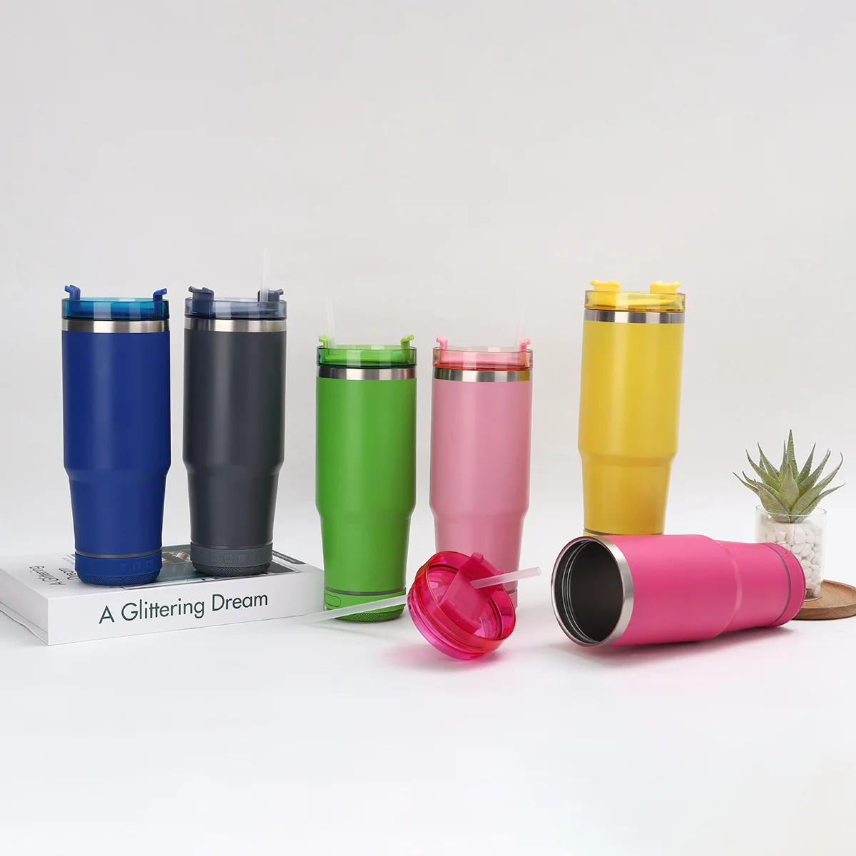 Powder coated tumbler cup with bluetooth speaker USB wireless 30oz  stainless steel vacuum tumbler for laser engraved music