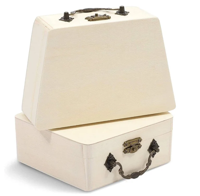 unfinished wooden gift box with metal handle DIY craft box