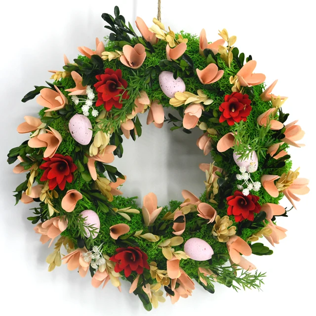 wholesale handmade easter garland  easter egg  spring decorations green wood chips flower easter wreaths