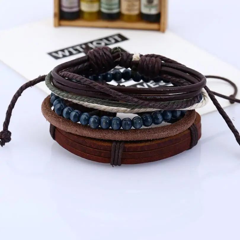 Wrap Bracelets Men Women Hemp Cords Wood Beads Ethnic Tribal Bracelets 4pcs set Fashion Multilayer Charm Brown Leather Bracelet