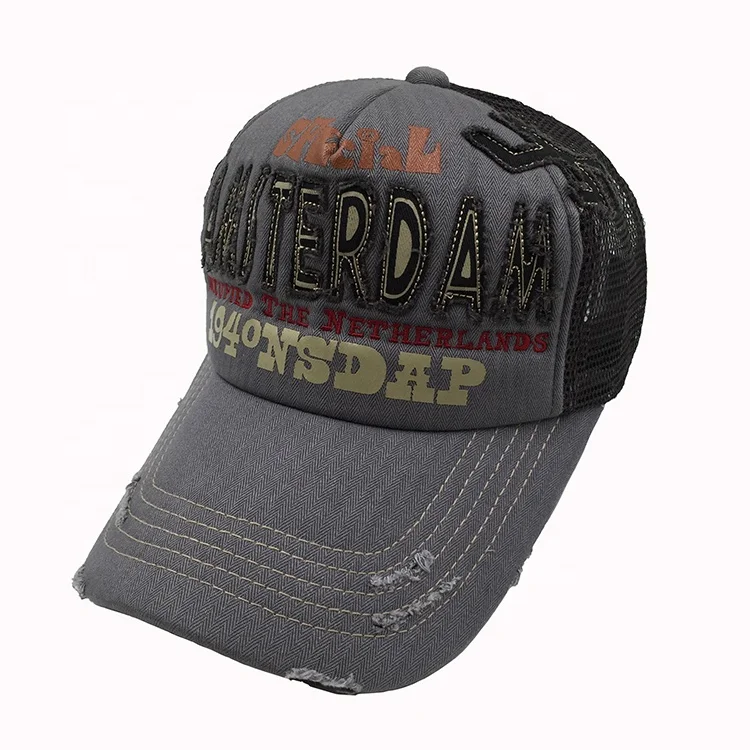 Custom Distressed Worn Out Applique Cotton Herringbone 5-Panel Sport Baseball Cap Mesh Trucker hat