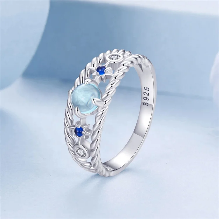 Youchuang 2024 blue glass dainty jewellery ring stacked fashion crystal engraveable 925 sterling silver casual rings for ladies