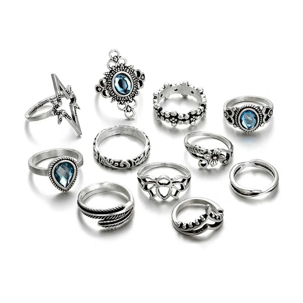 European and American 11pcs/set Antique Silver Arrow Elephant fox lion pony Pattern Carved Animal Geometric Gemstone Rings