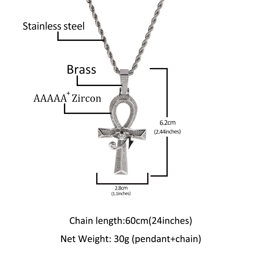 Iced Eye of Horus Egypt Ankh Pendant CZ Cross Ankh Good Luck Symbol Stainless Steel Pendant Necklace Hip Hop Pendant Amulet