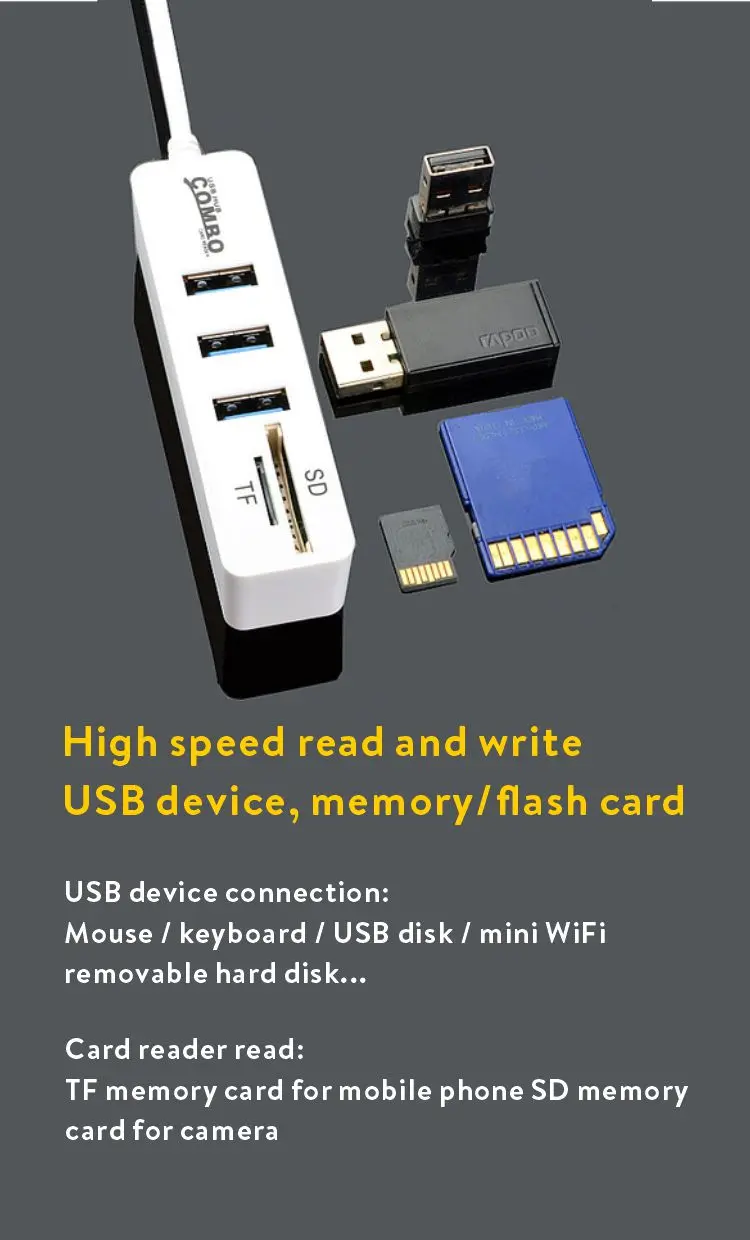 Cable Adapter High Speed Read Write USB 2.0 Device Memory Flash Card 3 IN 1Charging Port USB Extender