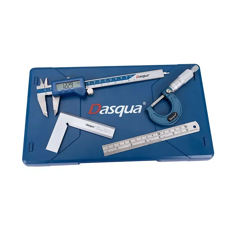 Dasqua 6Pcs Measuring Set 0-150mm Digital Caliper 0-25mm Outside Micrometer Dial Indicator 90 Degree Beveled Edge Square Ruler