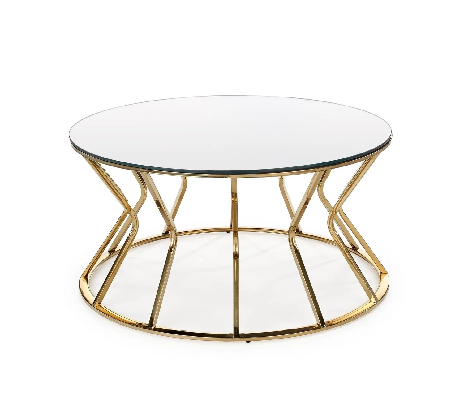 Luxury modern round tempered glass top coffee table with golden metal base