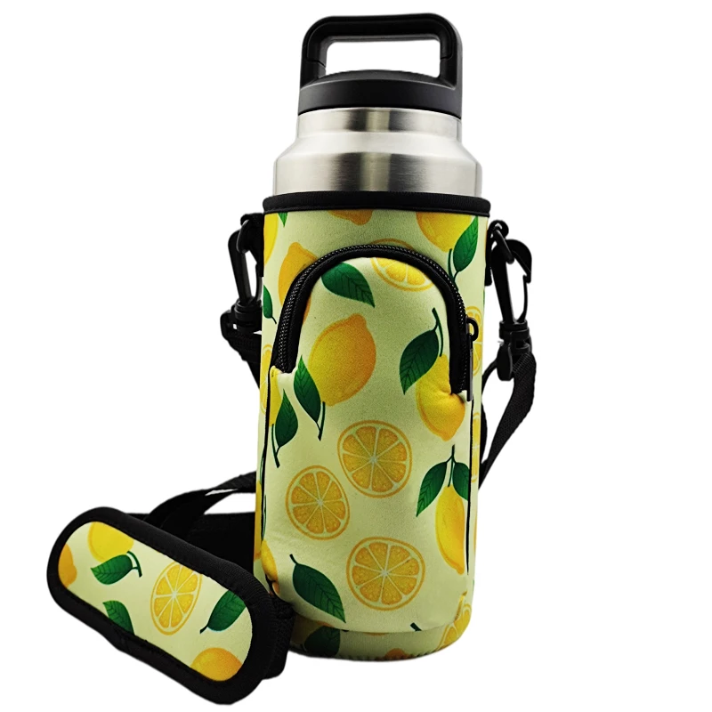 Fruit Pattern Neoprene Water Bottle Holder with Shoulder Strap Motivational 2.2 l Gallon Drinks Sleeve with and Phone Pouch
