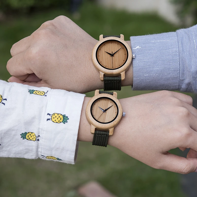 Fashion Couples Bamboo Wooden Watches OEM Men Women Handmade Gifts Nylon Strap Lovers Watch