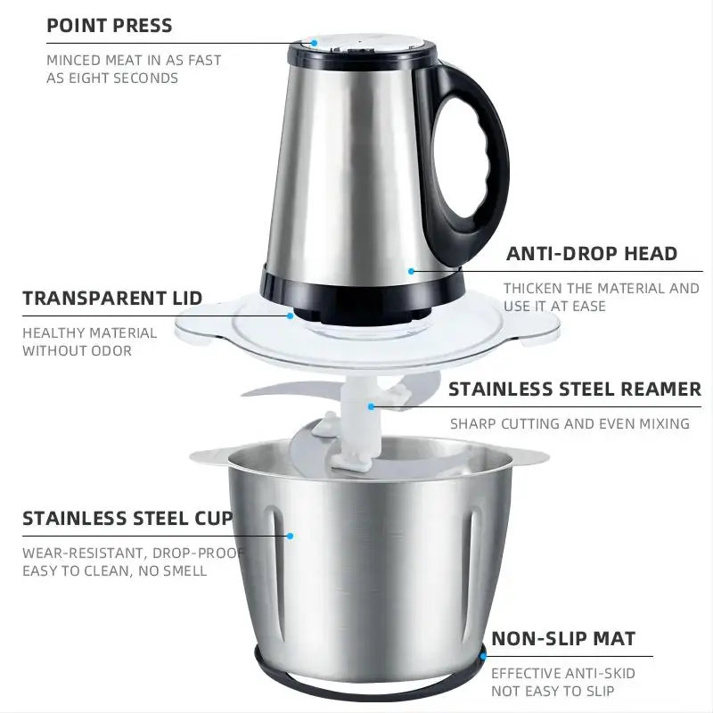 300W Stainless Steel Motor Electric Food Chopper Automatic 2L Meat Slicers Machine Meat Grinders For Kitchen