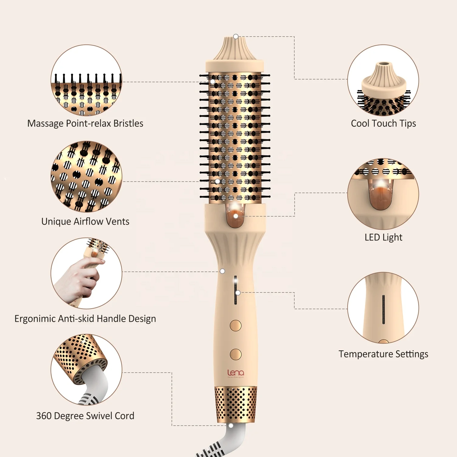 Lena 1.25 Inch Ionic Hot Air Styler Volumized Thermal Round Hair Brush Comb Ceramic Heated Hair Curling Brush