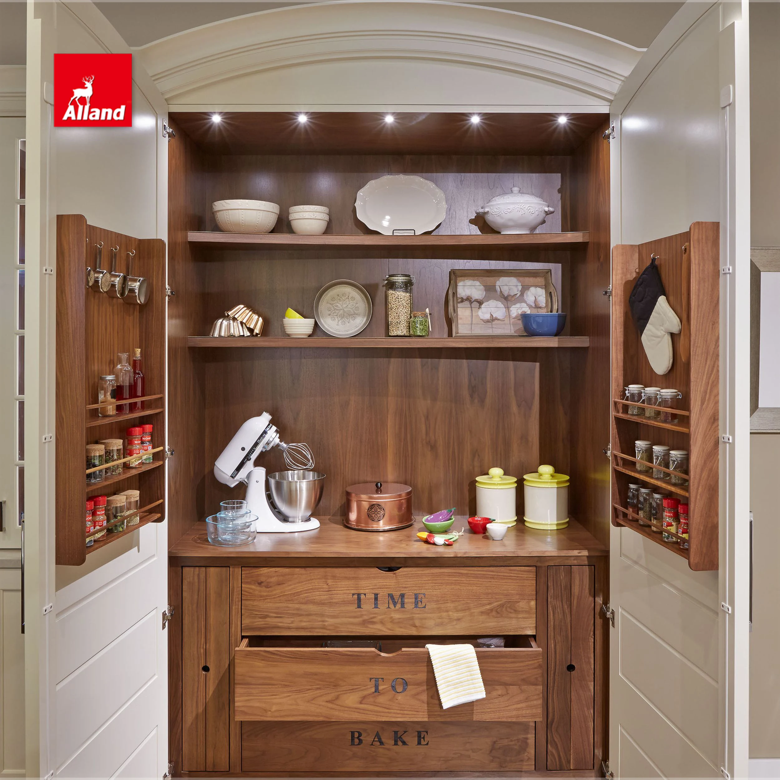 Noble Harmonious Walnut Hardwood Kitchen Cabinet With Horse Legs Double Island And Inner Drawers In Massive Pantry
