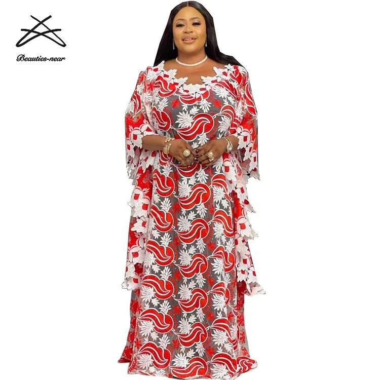 2021 New African Lace Loose Plus Size Dresses For Women Ankara Muslim Embroidery Wedding Party Maxi Kaftan Abaya Dress