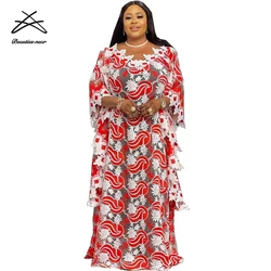 2021 New African Lace Loose Plus Size Dresses For Women Ankara Muslim Embroidery Wedding Party Maxi Kaftan Abaya Dress