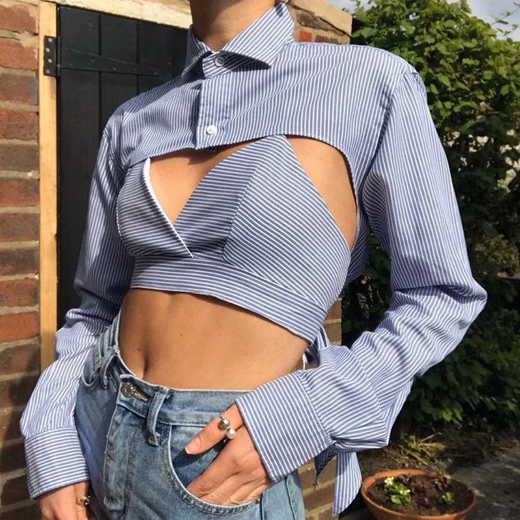 Женский укороченный Топ с длинным рукавом, блузка в белую и синюю полоску, весна 2021