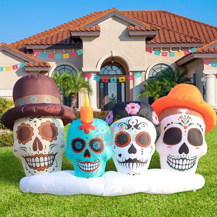 Day of dead holiday outdoor blow up yard decor halloween inflatable 8ft long skulls decorations