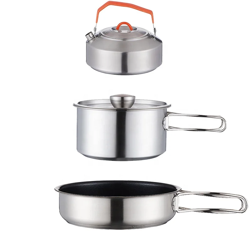New Stainless Steel Cookware Set Outdoor Camping Stackable Pots Pans Removable Handle Portable Metal Campfire Cooking Equipment