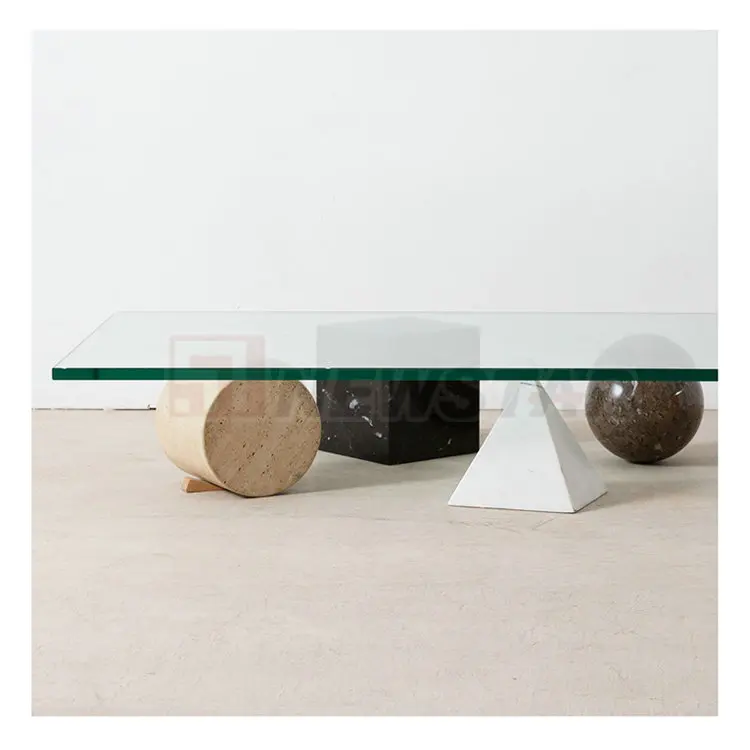Rectangular glass table modern marble geometry base glass table for living room