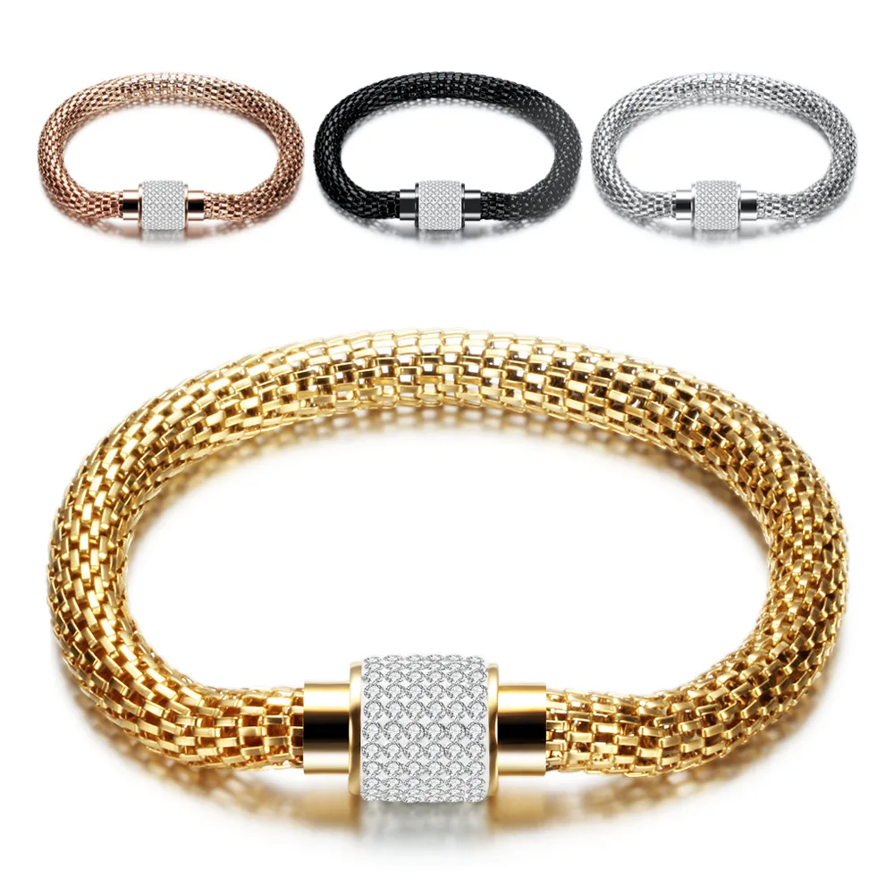Yiwu Daicy hollow chain cable wire bracelet stainless steel pave diamond magnetic bracelet gold plated hip hop  for women couple