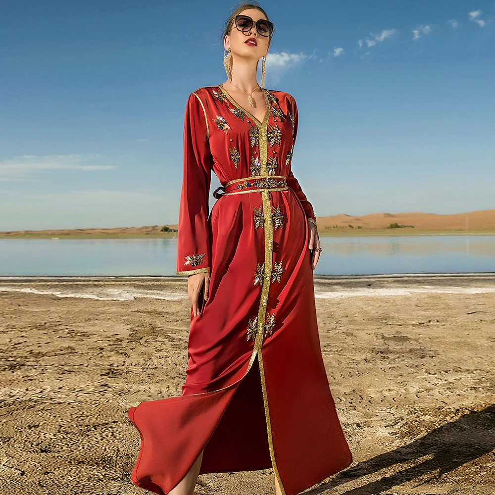 Heavy Hand Sewn Drill Dubai Arabian Evening Dress Beaded Long Sleeve Moroccan Kaftan Evening Dress Muslim Dress