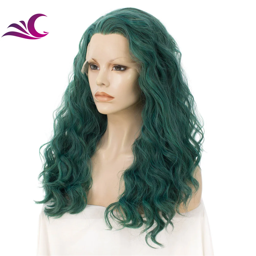 Celebrity Wholesale Anime Cosplay Wigs Dark Green Colour Heat Resistant Lace Synthetic Curly Hair Lace Wigs for Drag Queen