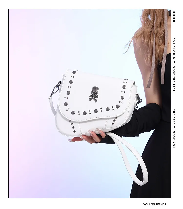 Fashionable Skull Rivet Gothic Bags For Women Pu Leather Simple Street Punk Style Crossbody Shoulder Flap Bags
