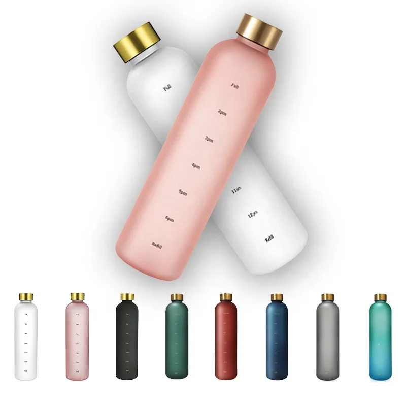 Gold clear frosted lead bpa free tritan plastic sports drink motivational water bottle 32oz 1000ml