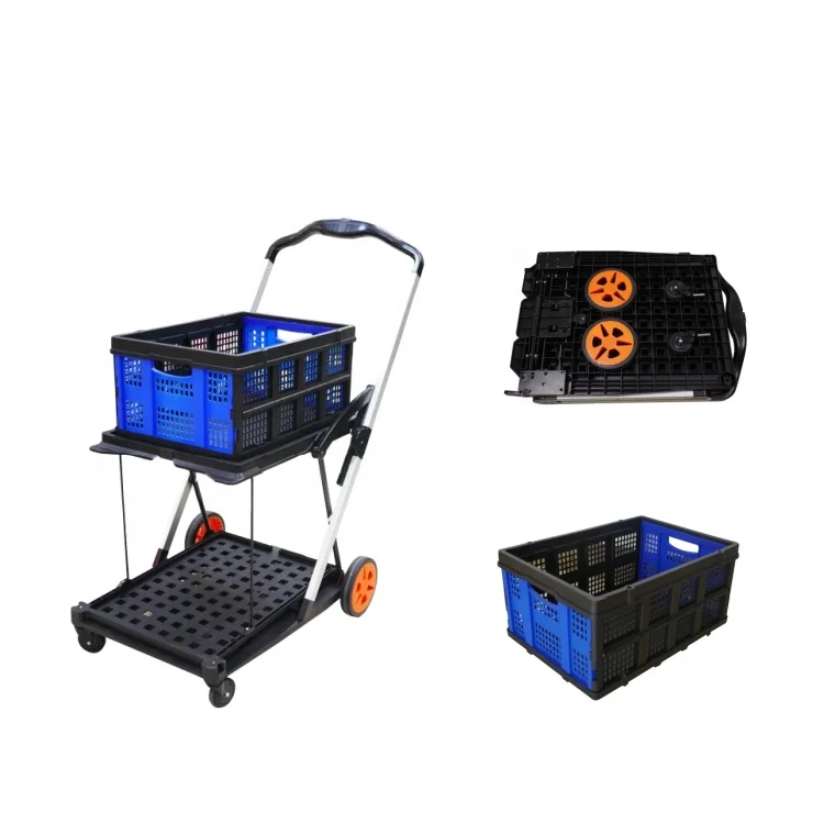 Double Decker Foldable Cart Portable Market Folding Trolley Collapsible Shopping Cart With Storage Crate