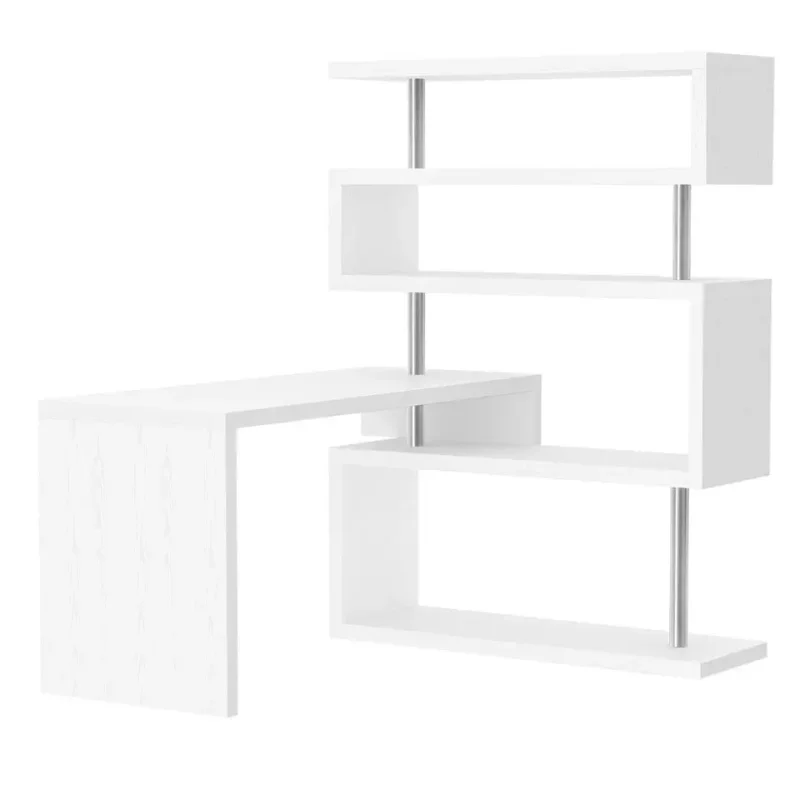 Modern Office Furniture 5 Tier L-Shaped 360 Degree Rotating Versatile Computer Desk With MDF Shelves And Steel Frame - White