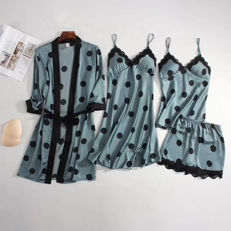 Dot Printed 4 Pieces Pijama Spring Summer Silk Satin Women Sleepwear Breathable Ice Silk Homewear