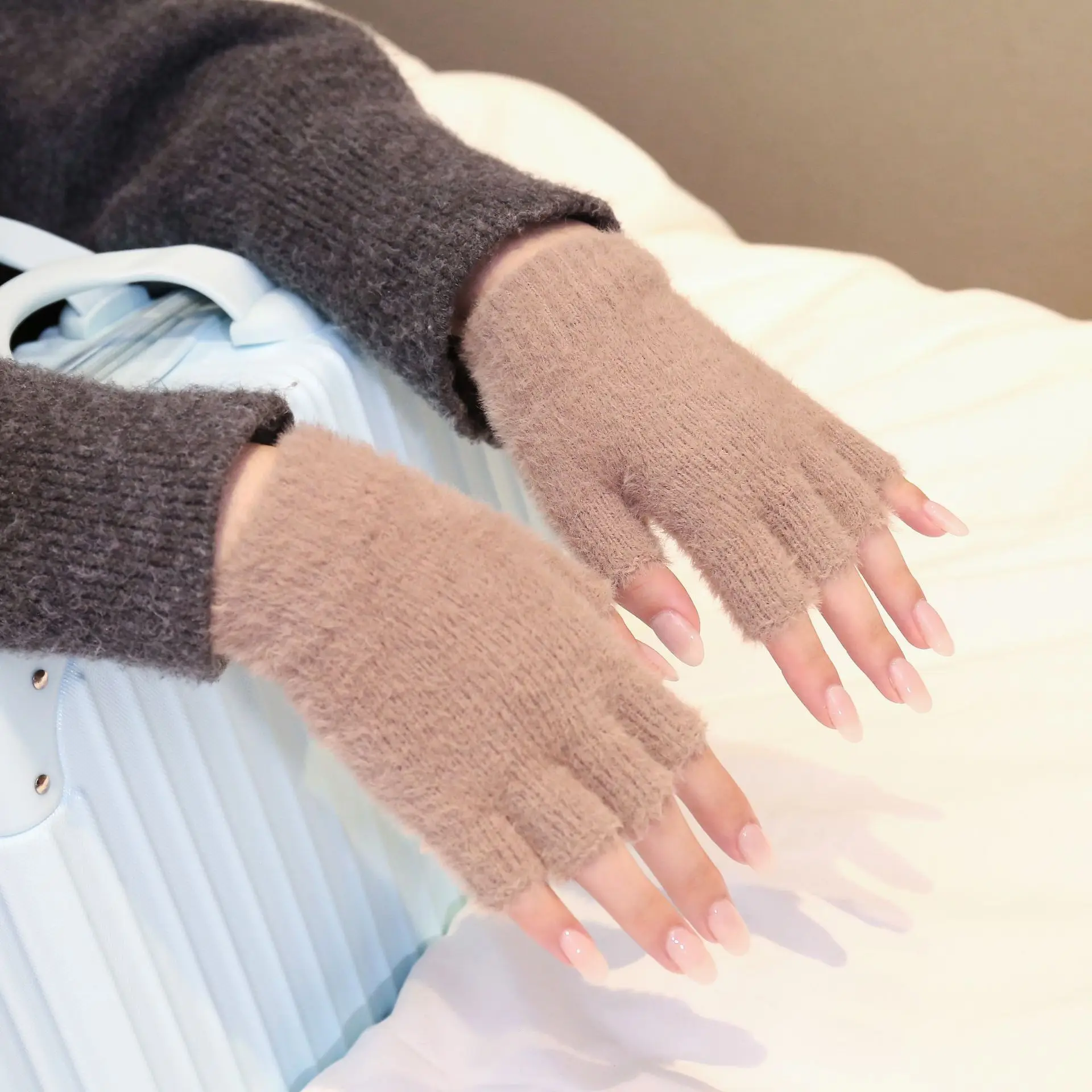 Women Men Half Finger Winter Mink Cashmere Gloves Touch Screen Writing Woolen Warm Mittens For Driving Outdoor Sports