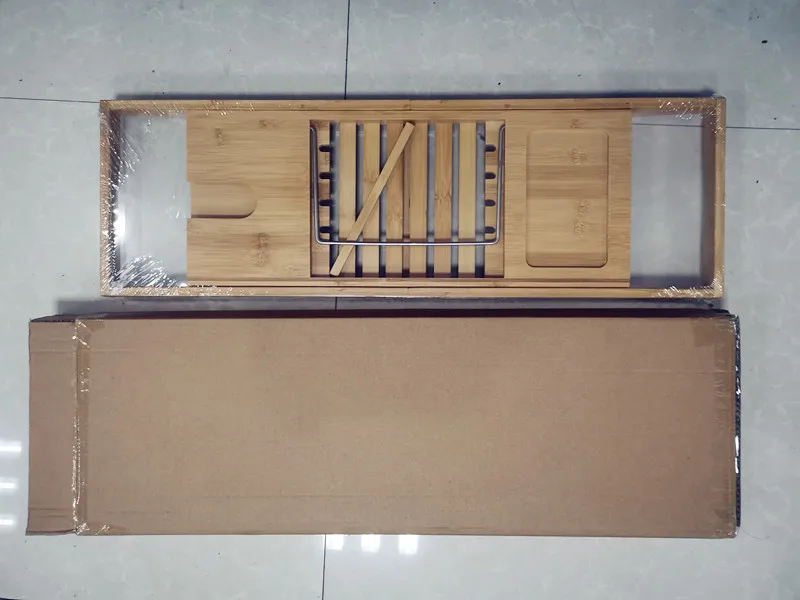 Expandable Bamboo Bathtub Caddy Adjustable Wooden Serving Tray and Organizer for Any Size Bath Tub