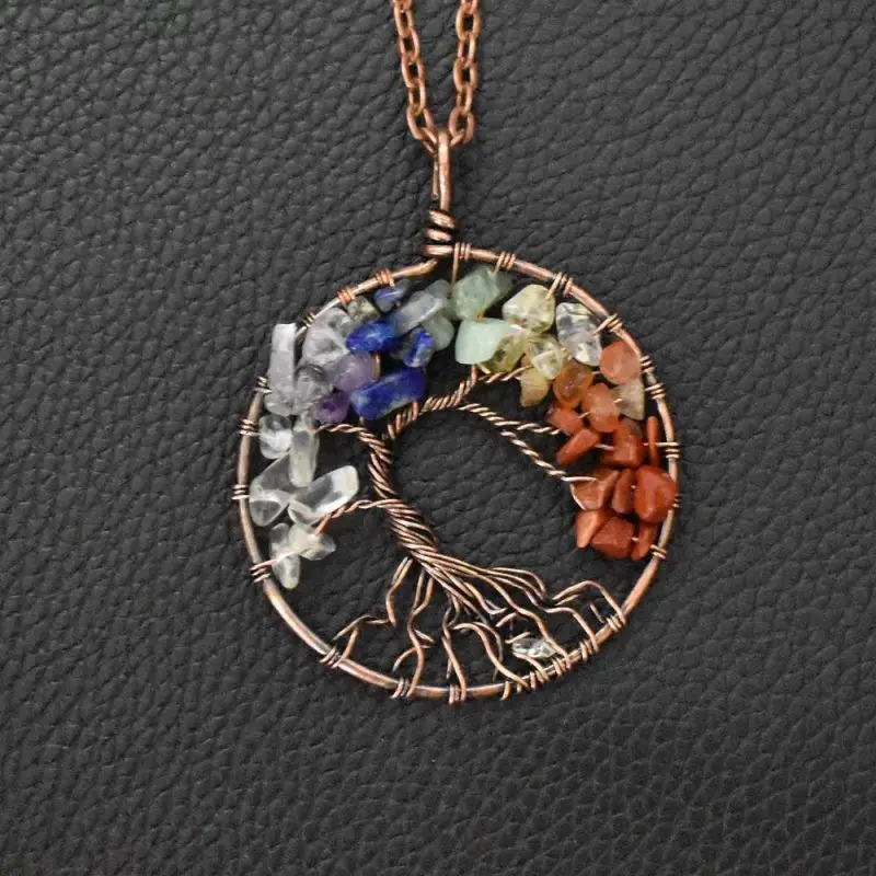 7 Chakra Energy Crystal Pendant Necklace Natural Gemstone Stone Copper Wire Wrapped Healing Crystal Wisdom Life Tree Pendant
