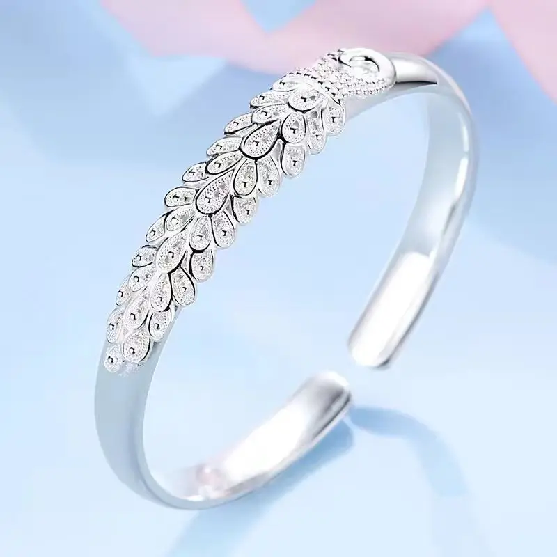 9999 Silver Peacock Feather Leaf Bracelet with Bright Face Plain Circle Push-Pull Adjustable Sterling Silver Jewelry Girlfriend