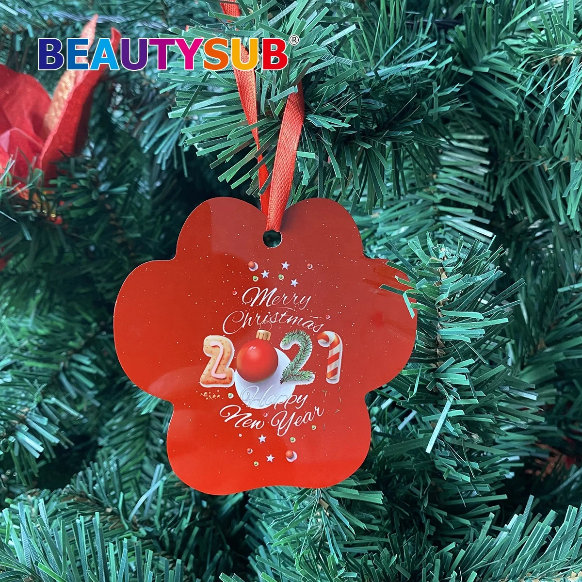 Promotional 1.15mm Sublimation HD Blank Aluminum Ornament Paw Print with Ribbon for Christmas Decoration (1600243642705)