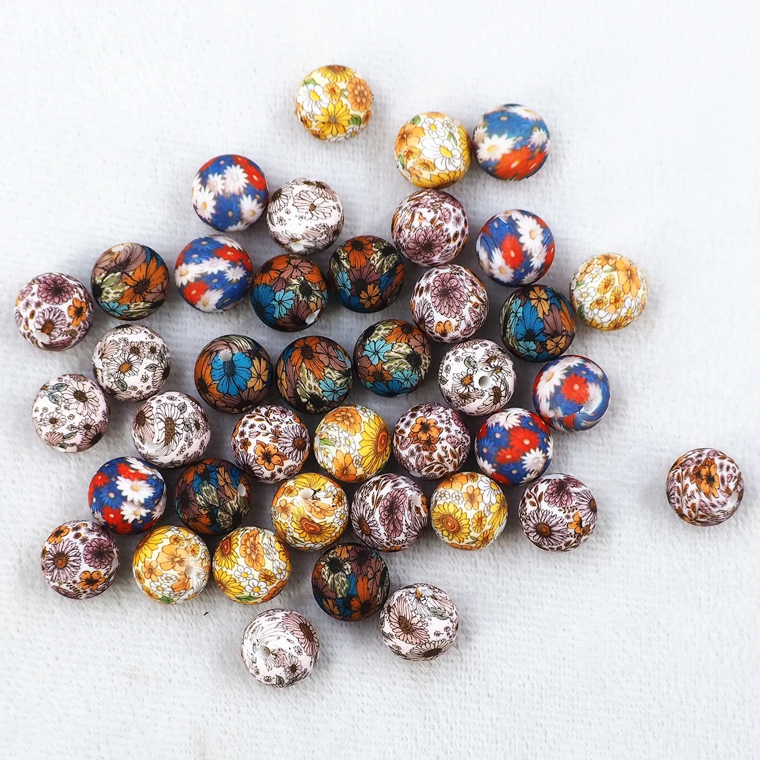 Custom Jewelry Making DIY Keychain Handmade Products Pen Beaded Round Flower Printed Silicone Beads 15mm