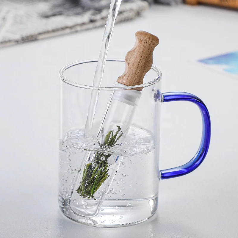 High Quality Tube Shape Tea Strainer  Borosilicate Glass Tea Infuser Diffuser with Wooden Lid