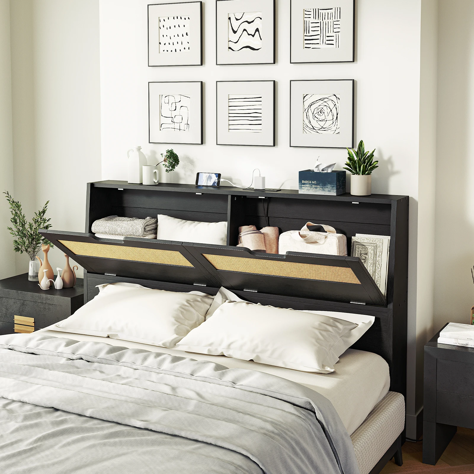 Wholesale Rattan Headboards, HOOBRO Brand Rattan Style King/Queen/Full/Doulbe/Twin/Single Size Bed Headboard for Bed Frame