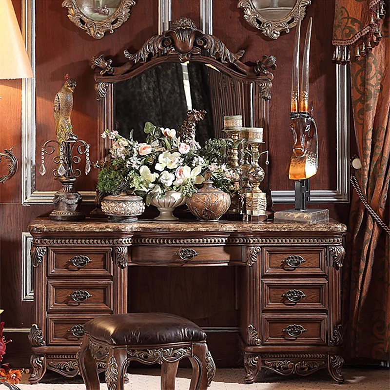 French Handcrafted Vanity Makeup Table Dresser With Mirror And Chair Luxury Dressing Tables For Bedroom Furniture