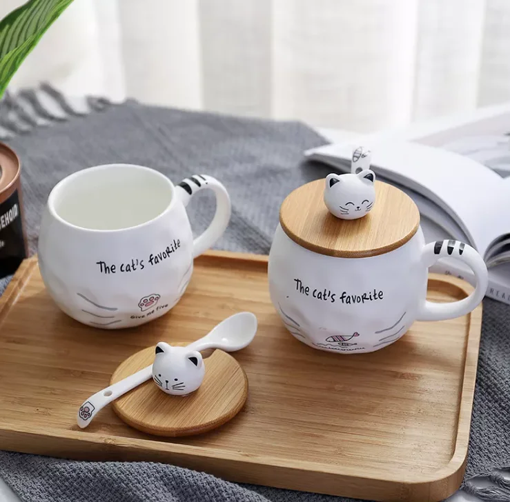 Hot sale cute  cartoon cat 3D ceramic mug creative milk coffee tea mug unique ceramic mug with lid and spoon