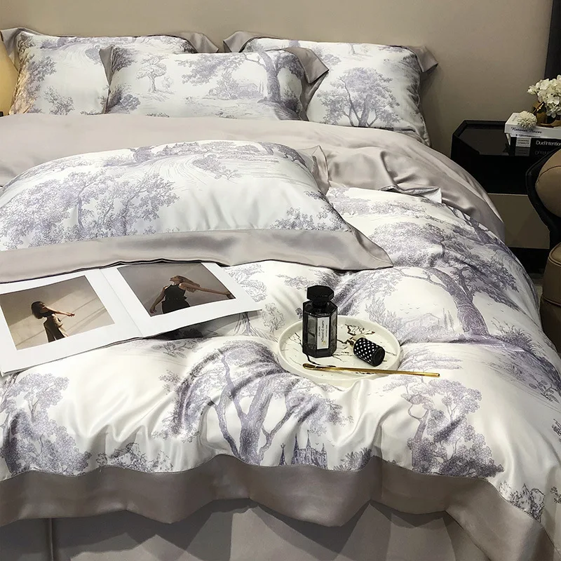 100% Tencel  Satin  60S 300TC Flower printed Queen size bedding sets for home bed linen