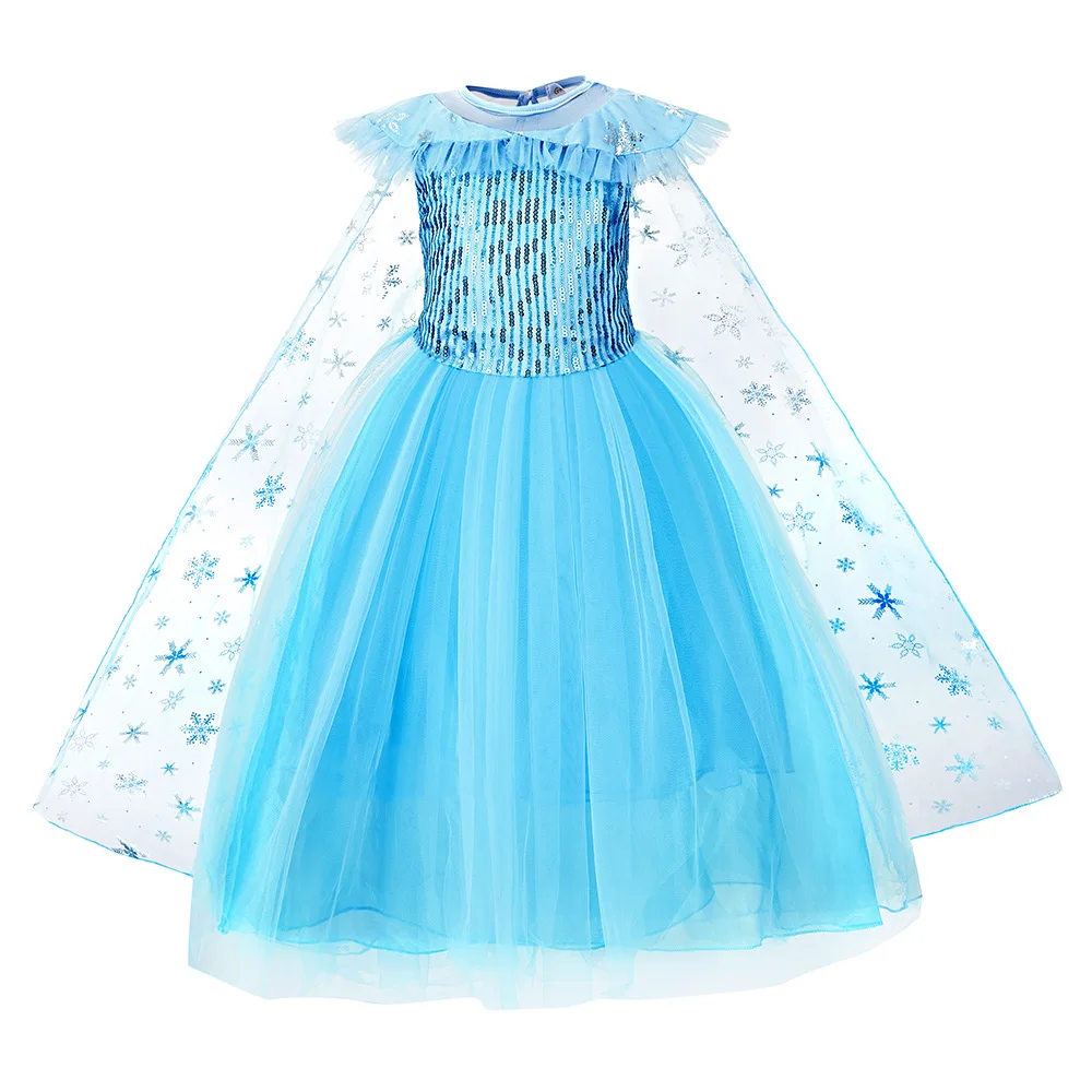 Girls Blue Birthday Party Dress up Outfits Gauze Halloween Carnival Ice Elsa Princess Dress Anime Costume