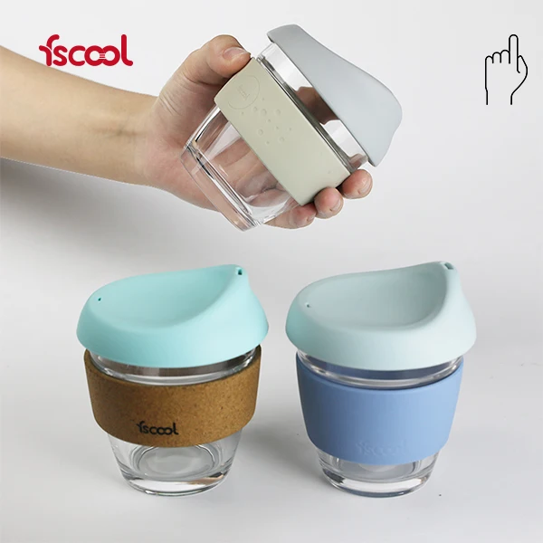 8oz Custom LOGO Cork Sleeve Anti-slip Heat Resistant Reusable Glass Coffee Cup With Silicone Lid