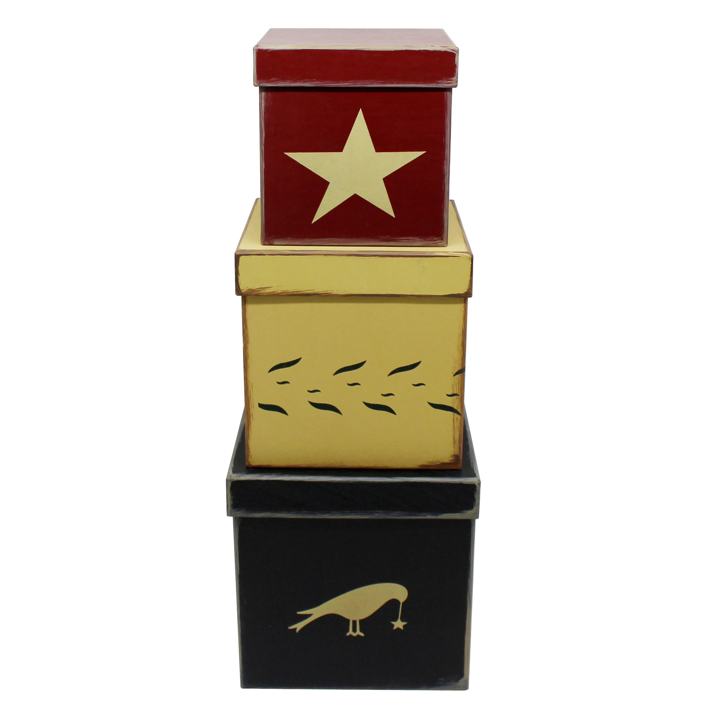 Primitive Country Cubic Star Crow Cardboard Nesting Boxes, 8/7/6 Inch. Set of 3