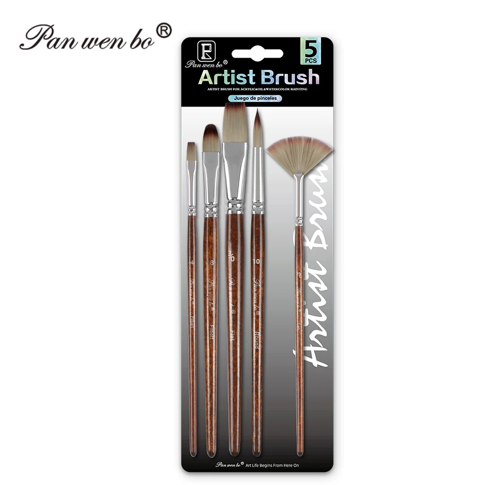 Panwenbo Art Materials 5Pcs Reddish Brown Handle Professional Artist Brushes Set Master Grade Painting Brushes For Art