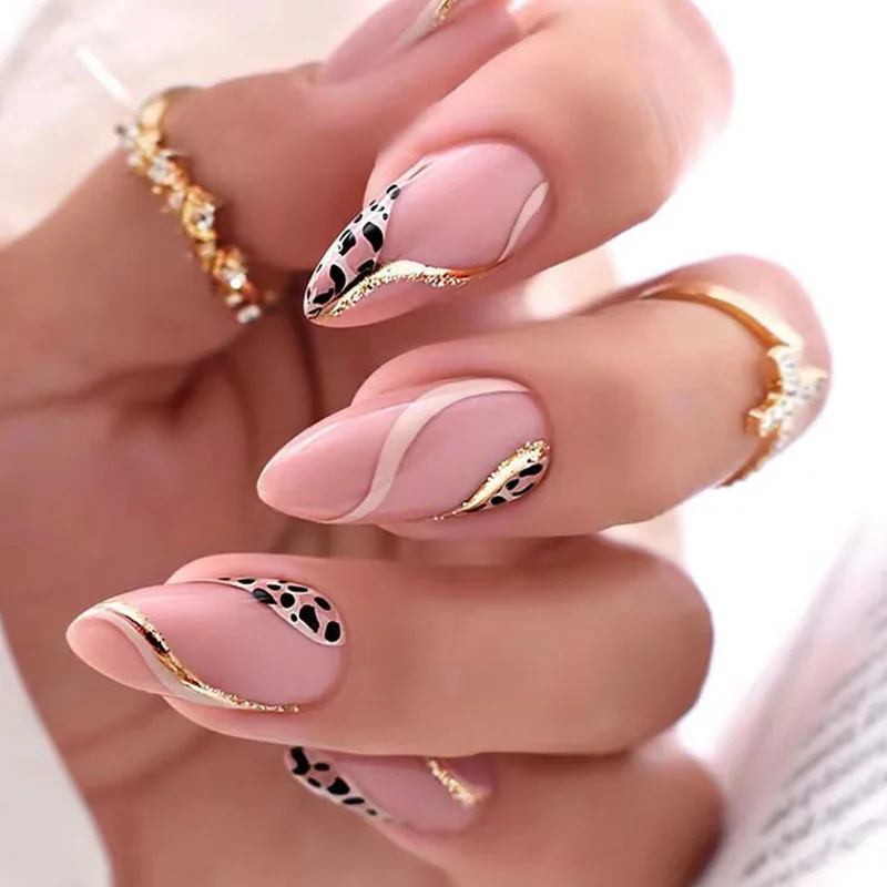 Luxury Designed Reusable Pink Nude False Nails Almond Acrylic Press On Nails Artificial Nails with Glue For Woman
