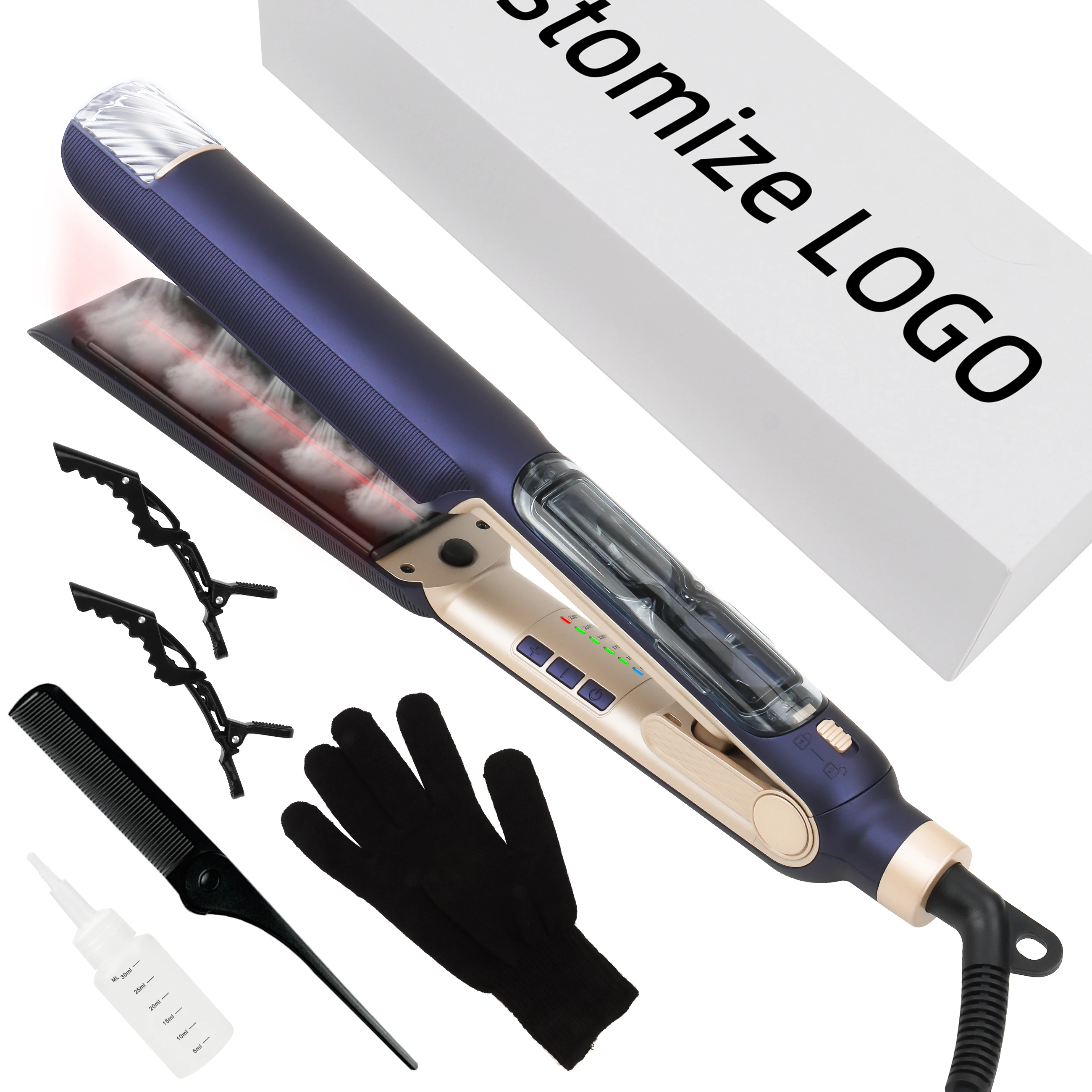 customized Logo Professional 2 in 1 Flat Iron Ceramic Tourmaline Plates Steam and infrared Hair Straightener With Led light