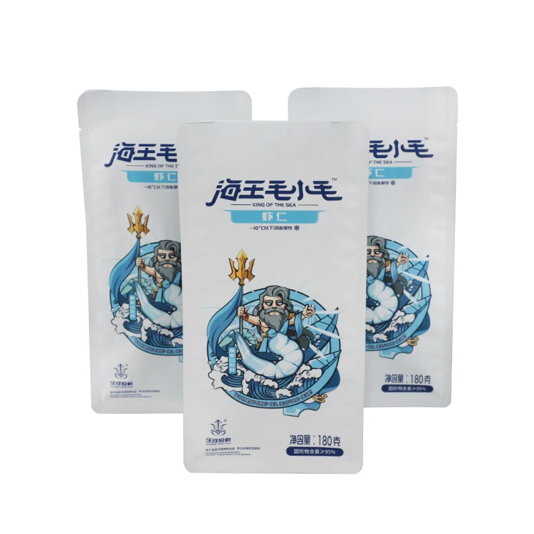 Custom Easy Tear Ziplock Dried Shrimp Dried Fish Frozen Aluminum Foil Bag Reusable 8 Sides Seal Seafood Flat Bottom Bag