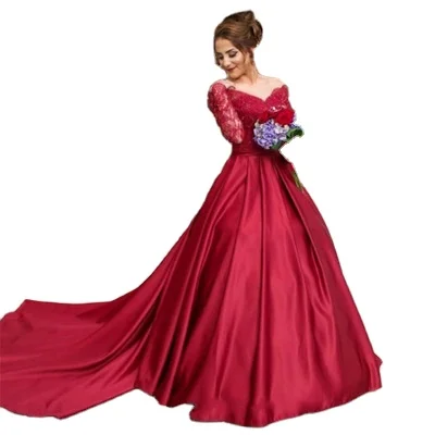 New Design Long Trail Wedding gown Long Sleeve Red Lace Evening Wedding Dress
