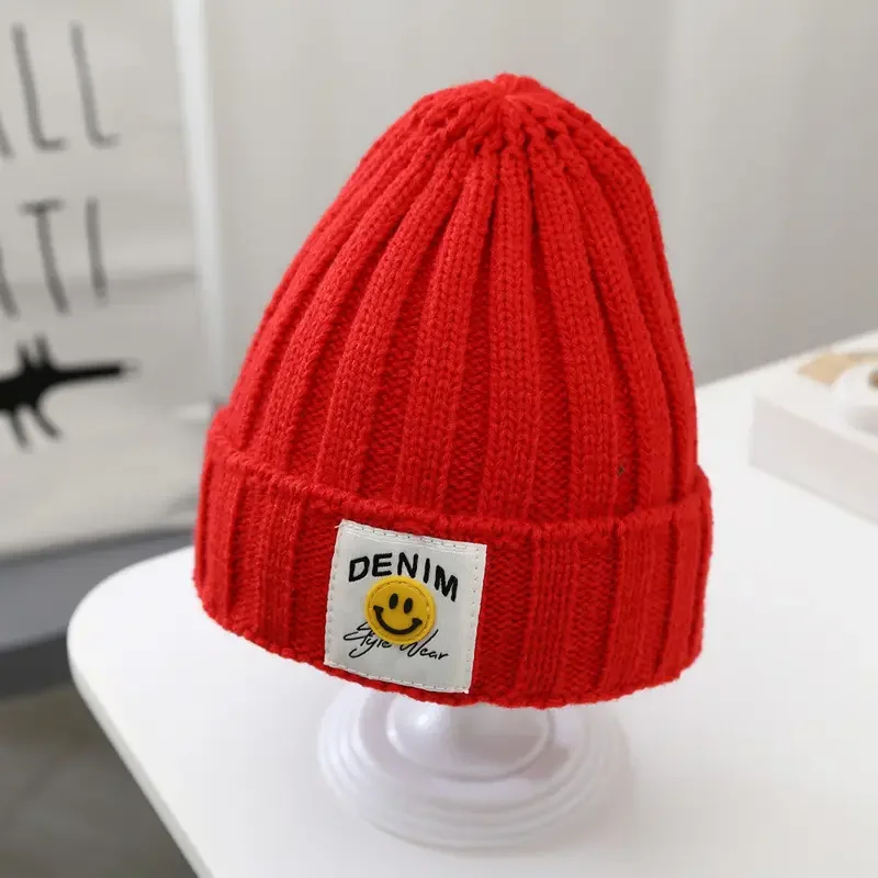 Kids women spring autumn Candy colors Warm hats winter cute knitted Smiley Face Wool Beanie Hat